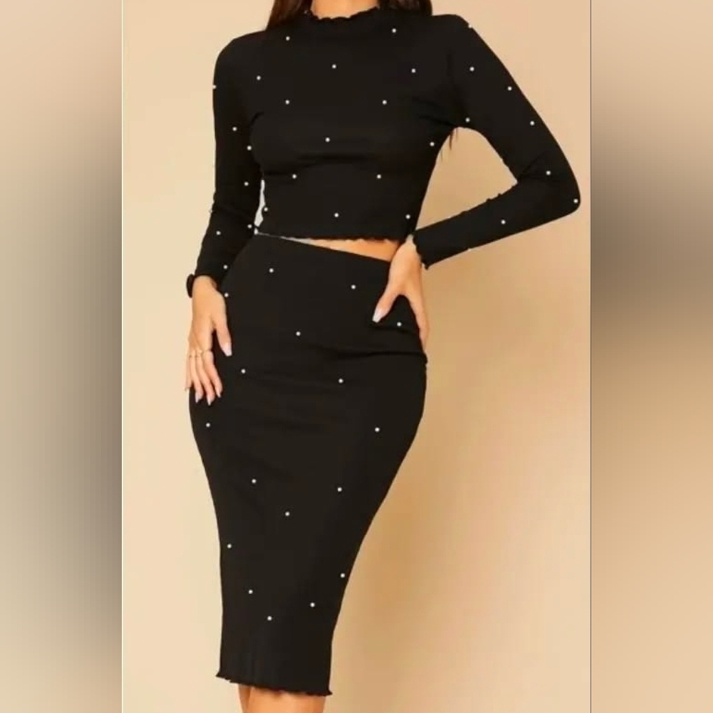 SHEIN Black Pencil Skirt with White Dots